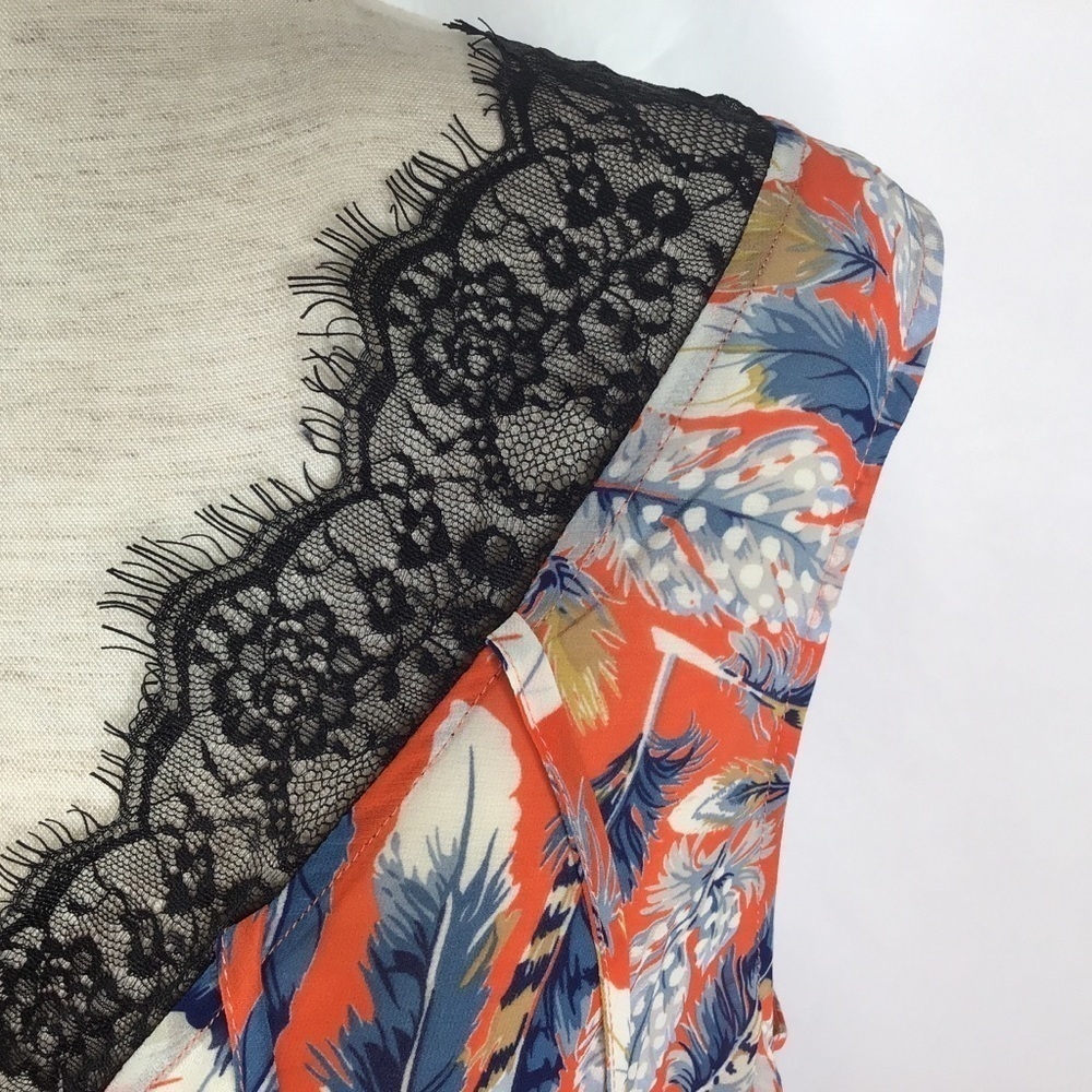 Nwt A’reve Nightgown Size L Camisole Lace Boho Feather Print Red Blue - Picture 6 of 14